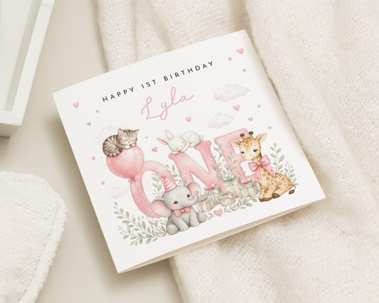 Personalised 1st Birthday Card for Girl, First Birthday Card, Daughter Granddaughter Niece Birthday Card, Cute Animal Safari Card