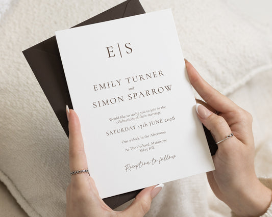 Monogram Wedding Invitations, Minimalist Wedding Invite, Elegant Brown Typography Invitation Suite, Personalised Wedding Stationery