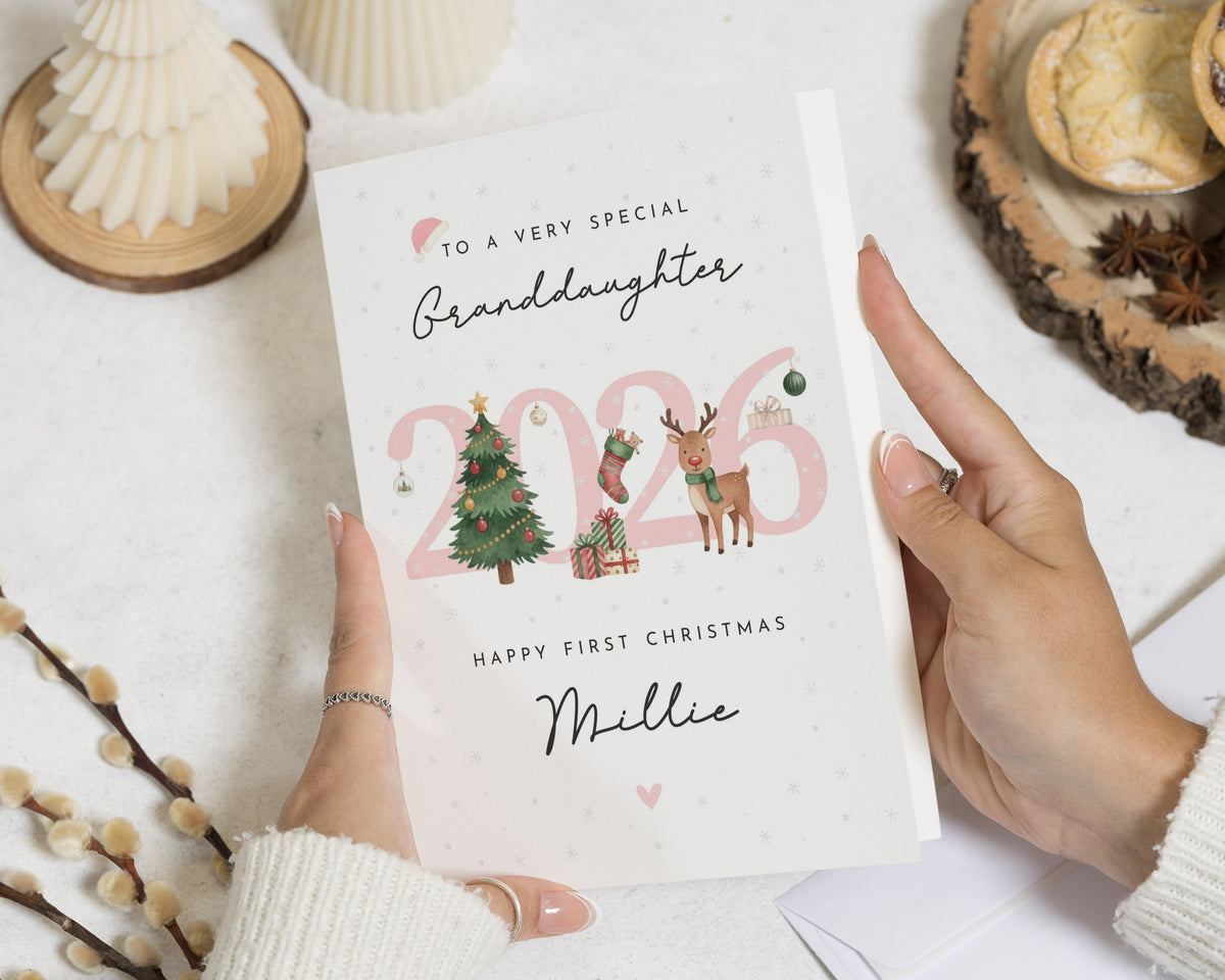 Personalised First Christmas Card for Granddaughter 2026, 1st Christmas Card, Granddaughter Christmas Card, Cute Reindeer Card