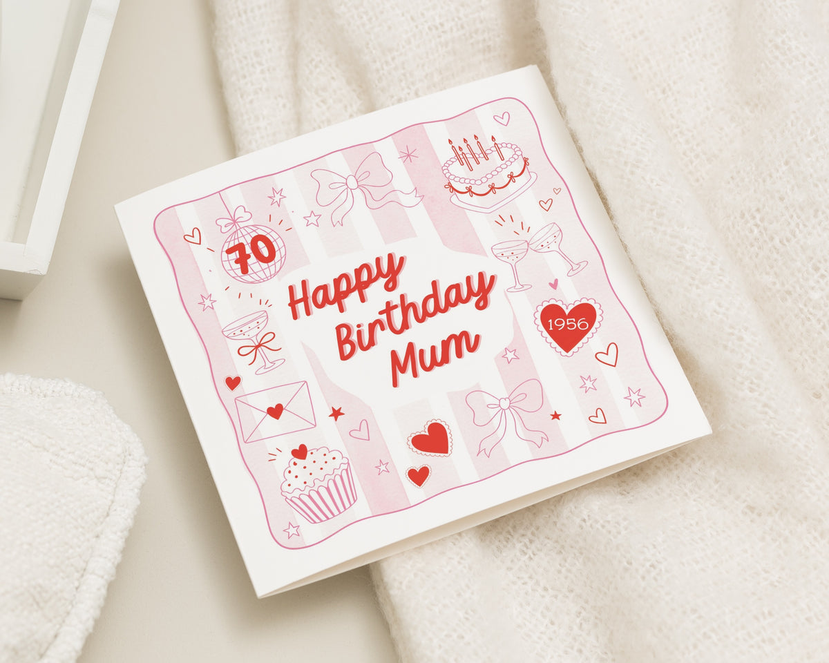 70th Birthday Card for Mum, Mum 70th Birthday Card, Birthday Card for Her, Personalised Birthday Card, Cute Pink Birthday Card