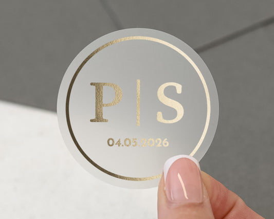 Personalised Wedding Sticker, Gold Foil Initials Sticker, Custom Date Sticker, Wedding Envelope Seal, Monogram Sticker, Gold Wedding Label
