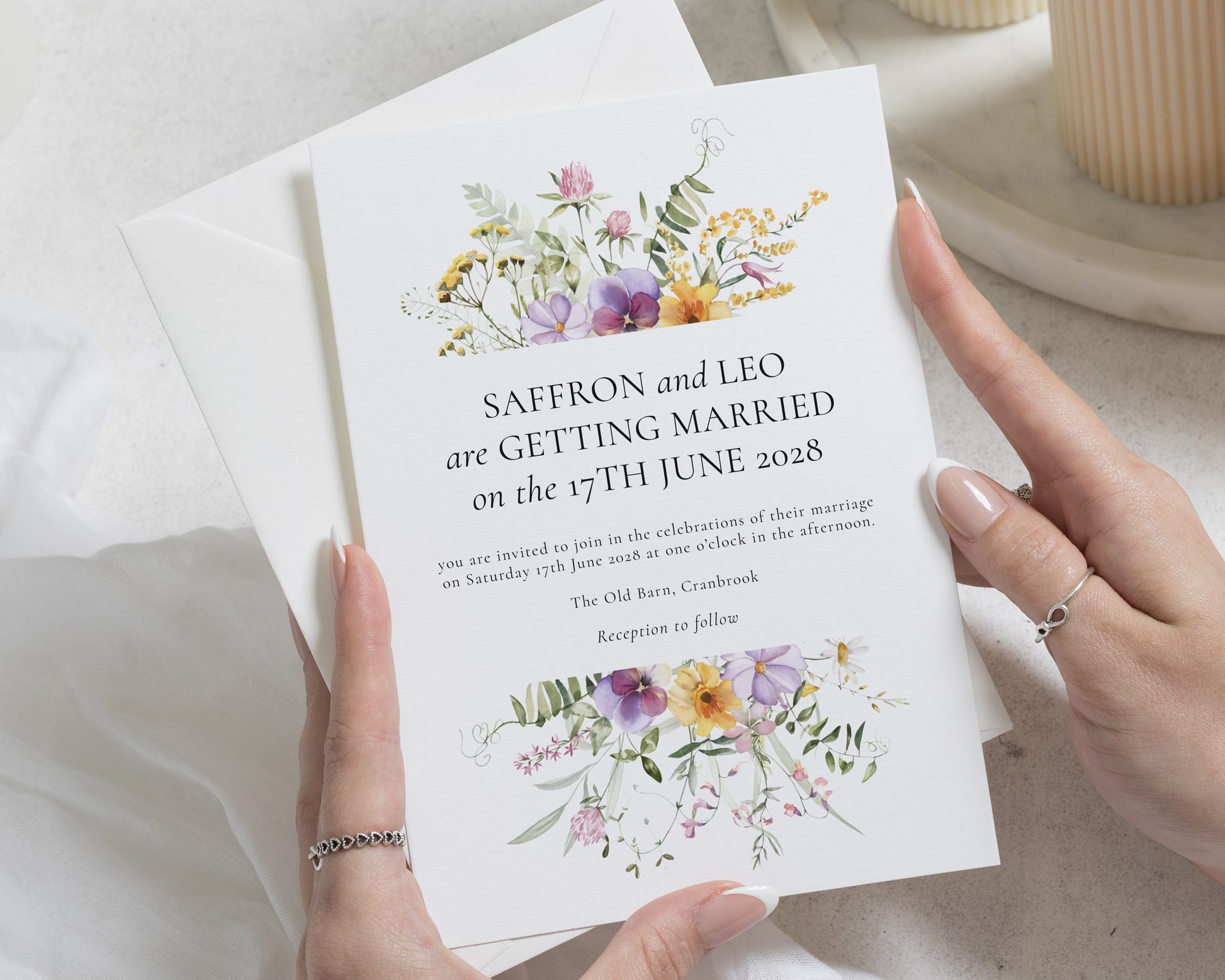 Wildflower Wedding Invitations, Floral Watercolour Wedding Invite, Botanical Greenery Invitation Suite, Personalised Wedding Invitation