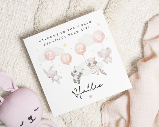 New Baby Girl Card, Personalised Baby Girl Card, Welcome To The World Card, Animal Baby Card, Baby Girl Keepsake Card, Custom Name Card