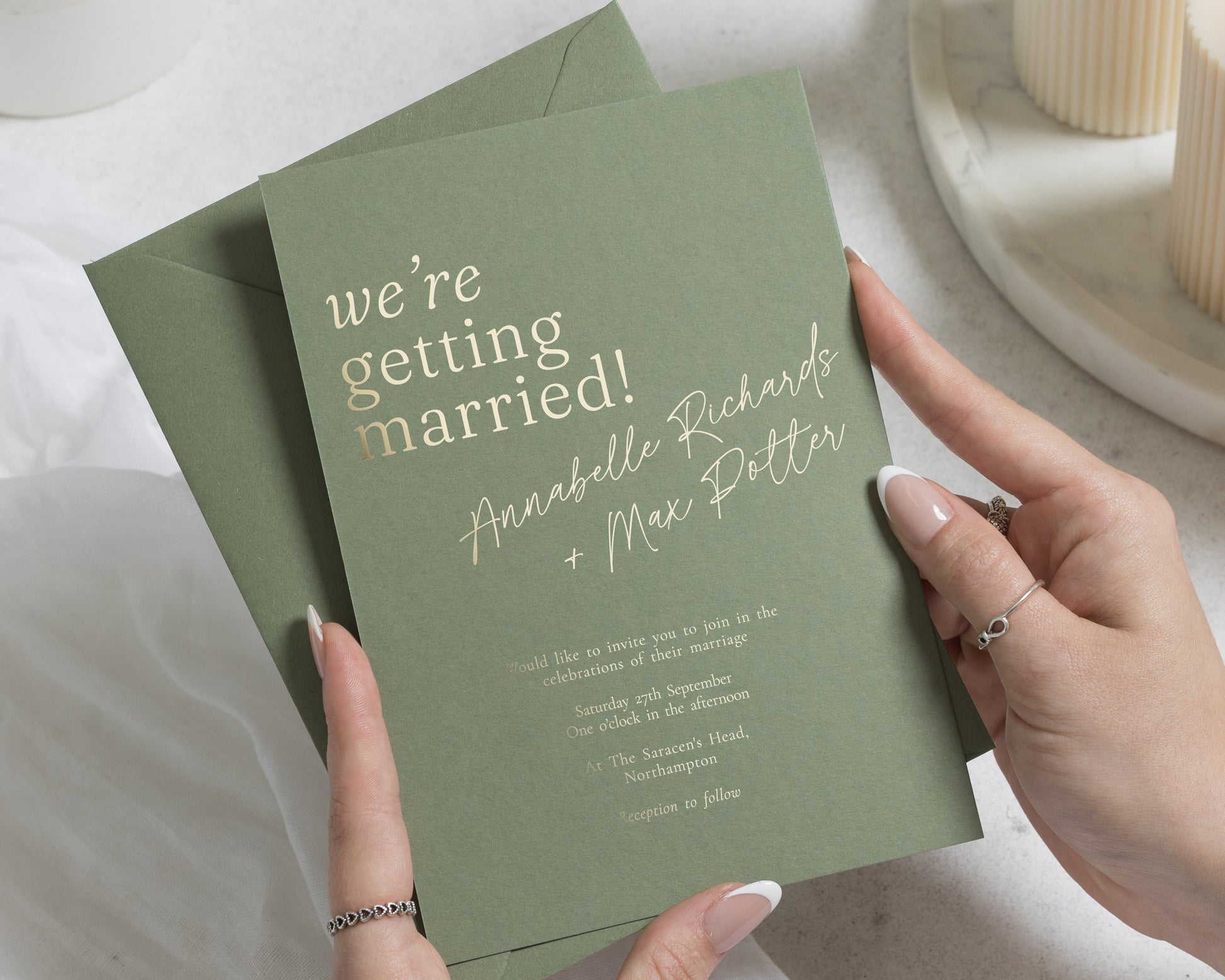 Gold Foil Wedding Invitations, Sage Green Wedding Invite, Modern Typography Invitation, Personalised Wedding Invitation