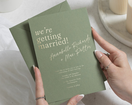 Gold Foil Wedding Invitations, Sage Green Wedding Invite, Modern Typography Invitation, Personalised Wedding Invitation