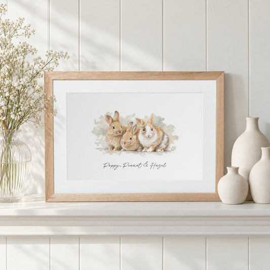 Personalised Pet Portrait From Photo, Custom Rabbit Print, Watercolour Pet Wall Art, Gift for Pet Lover, Landscape Oak Framed Print