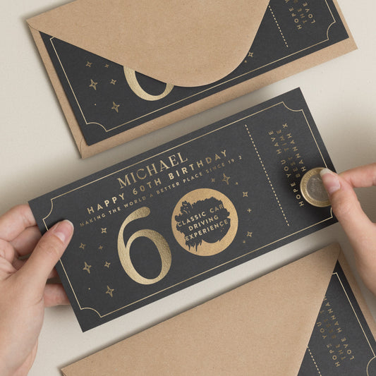 60th Birthday Gift Voucher, 60th Birthday Card, Gold Foil Scratch Card Gift Voucher, Scratch Card, Birthday Surprise Voucher, Gift Ticket