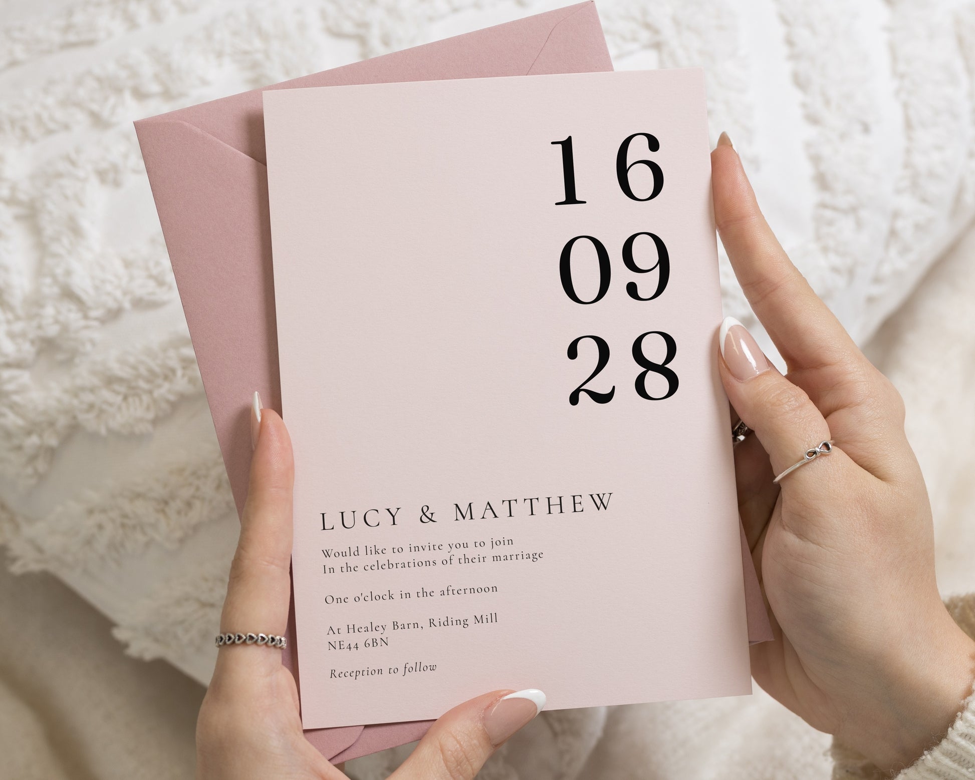 Pale Pink Wedding Invitations with Rose Pink Envelopes, Minimalist Typography Wedding Invites, Large Date Personalised Invitation