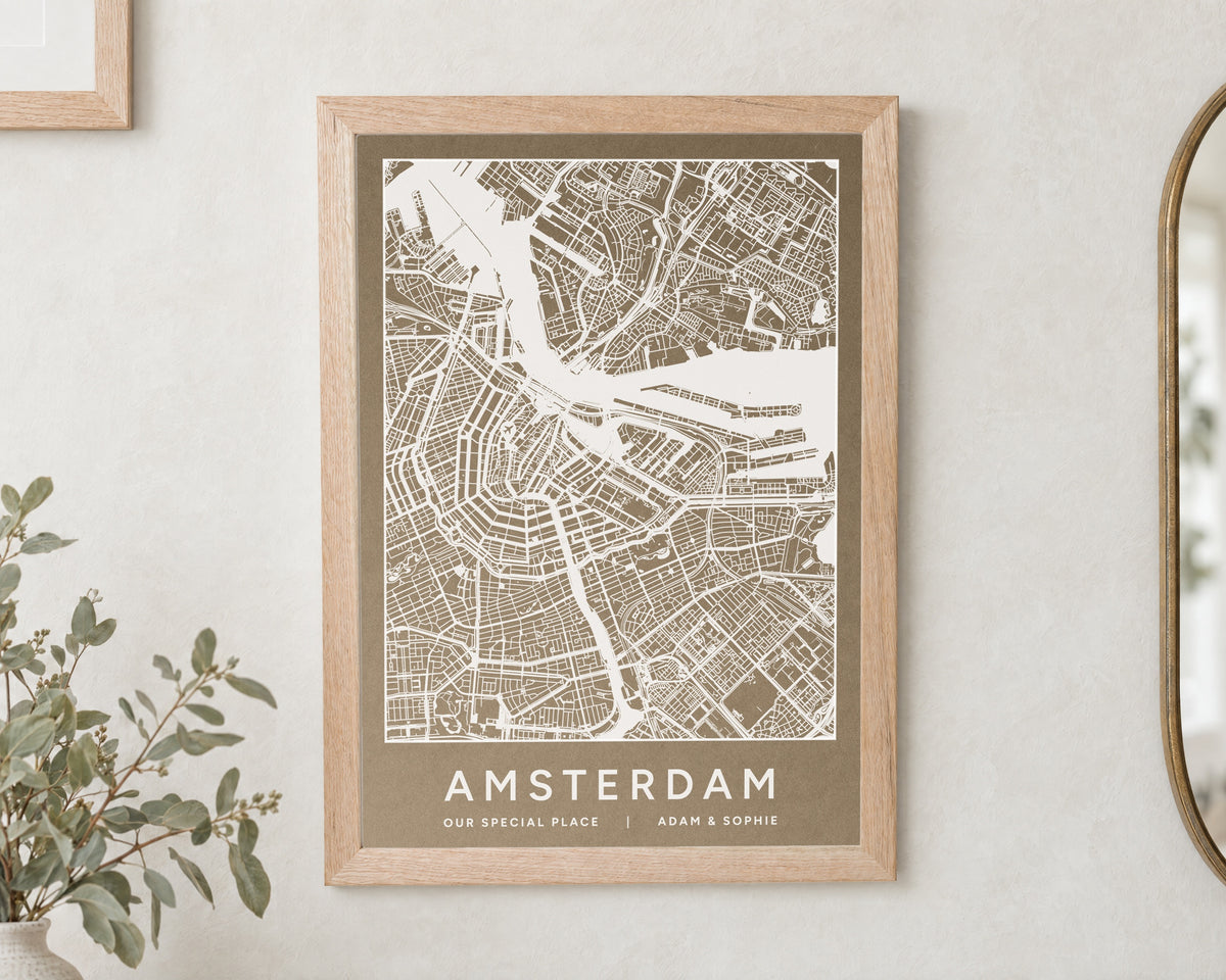 Personalised Map Print, Custom Location Wall Art, Neutral Brown City Map, Gift for Couple, Anniversary Gift, New Home Gift
