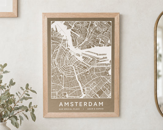 Personalised Map Print, Custom Location Wall Art, Neutral Brown City Map, Gift for Couple, Anniversary Gift, New Home Gift