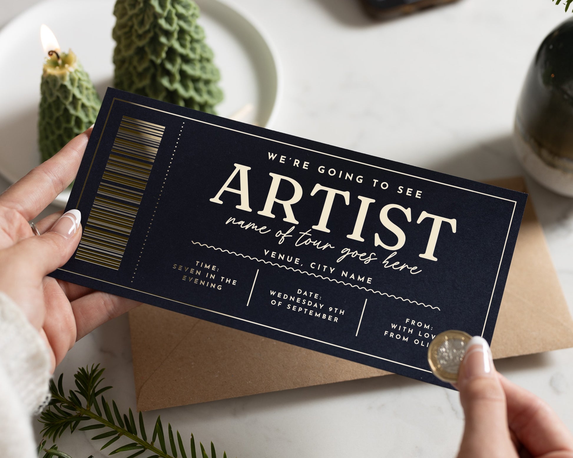 Personalised Concert Ticket Gift Voucher, Scratch To Reveal, Custom Gift For Him Or Her, Gold Foil