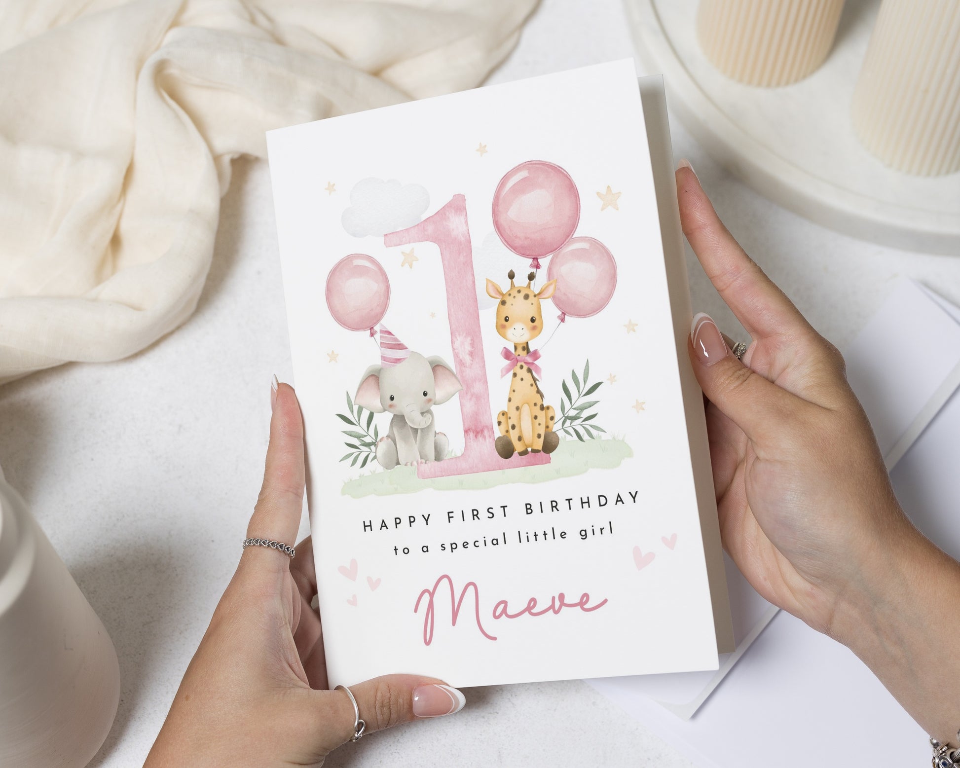 First Birthday Card for Girl, 1st Birthday Card, Personalised Birthday Card for Daughter, Granddaughter, Niece, Safari Birthday Card