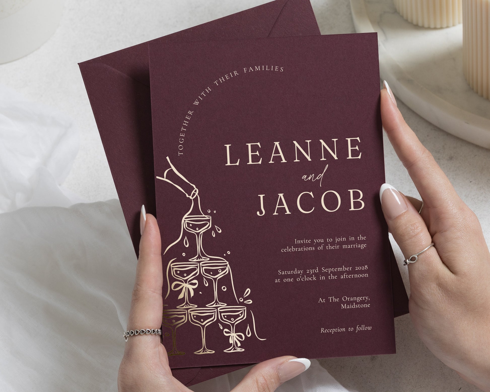 Gold Foil Wedding Invitations, Burgundy Champagne Tower Wedding Invites, Elegant Personalised Wedding Invitation