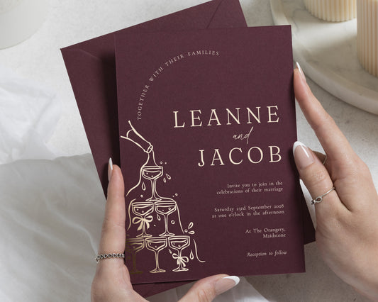 Gold Foil Wedding Invitations, Burgundy Champagne Tower Wedding Invites, Elegant Personalised Wedding Invitation