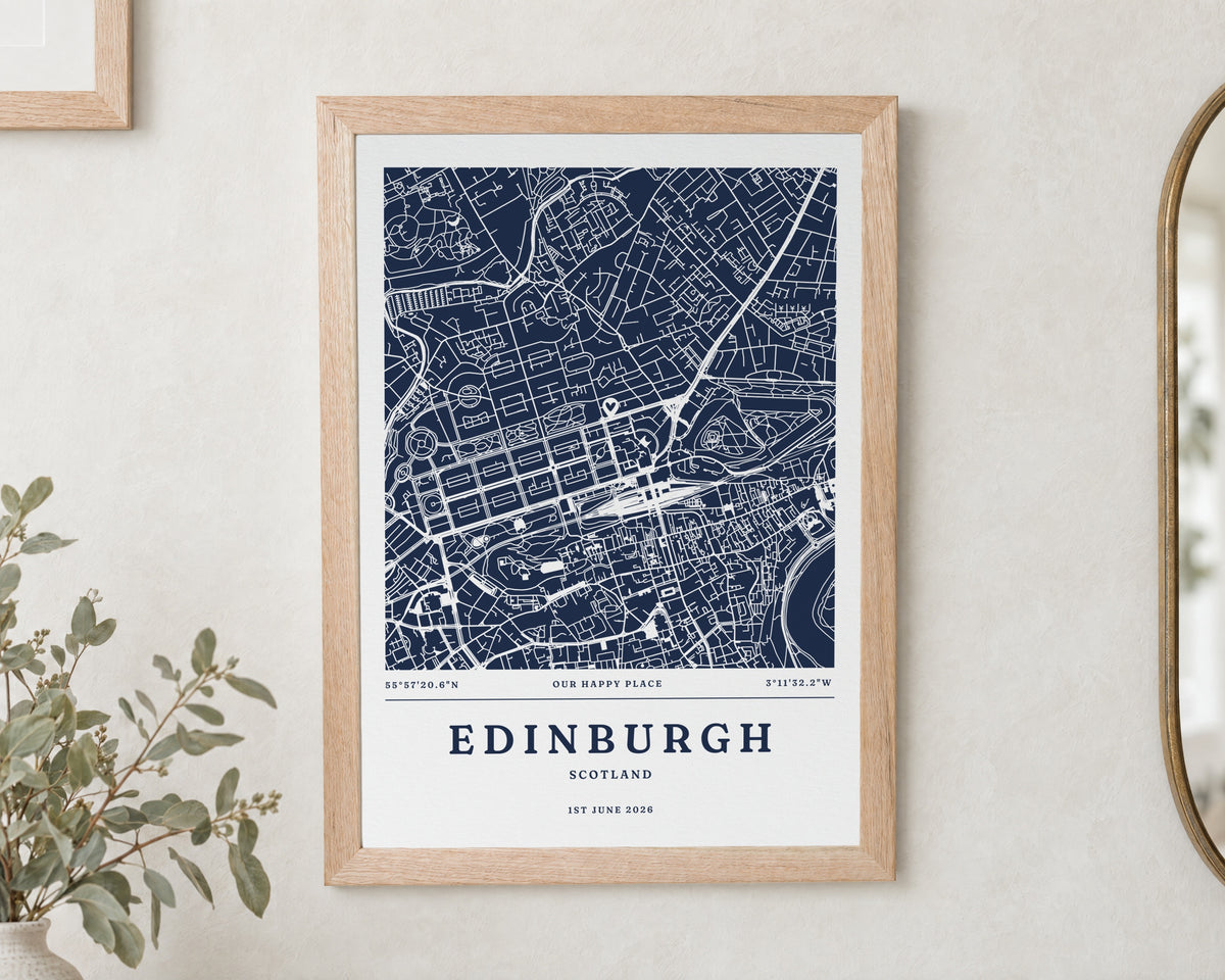 Personalised Map Print, Custom Location Map, Navy Coordinates Wall Art, New Home Gift, Anniversary Gift, Oak Framed Print