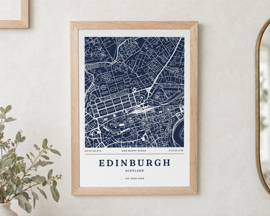 Personalised Map Print, Custom Location Map, Navy Coordinates Wall Art, New Home Gift, Anniversary Gift, Oak Framed Print