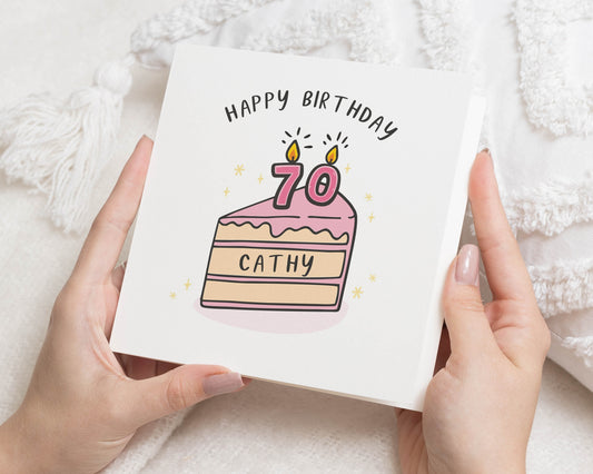 70th Birthday Card, Personalised Birthday Card, Cute Birthday Card for Her, Custom Name Age Card, Cake Birthday Card
