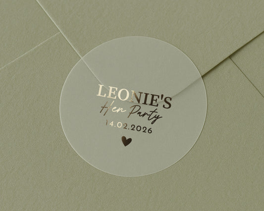 Hen Party Sticker, Personalised Hen Party Label, Custom Foil Hen Party Sticker, Bridal Shower Sticker, Name Date Sticker, Gold Foil Sticker