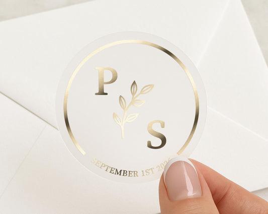 Personalised Wedding Sticker, Gold Foil Initials Sticker, Custom Date Sticker, Envelope Seal, Wedding Envelope Sticker, Monogram Sticker