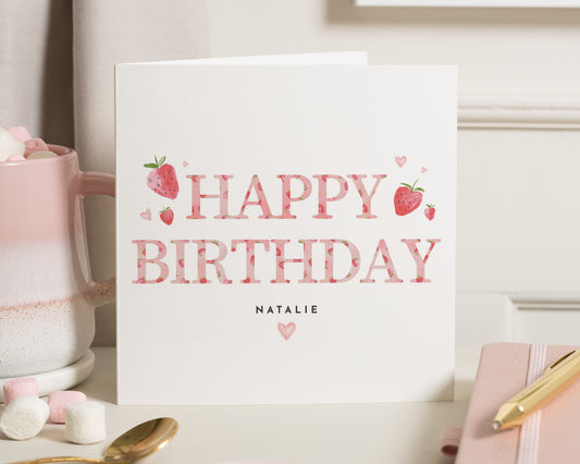Birthday Card for Her, Personalised Birthday Card, Birthday Card for Daughter, Cute Strawberry Birthday Card, Custom Name Birthday Card