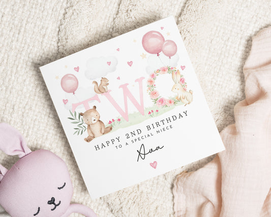 2nd Birthday Card for Niece, Special Niece Birthday Card, Personalised Two Birthday Card, Woodland Animal Birthday Card for Girl