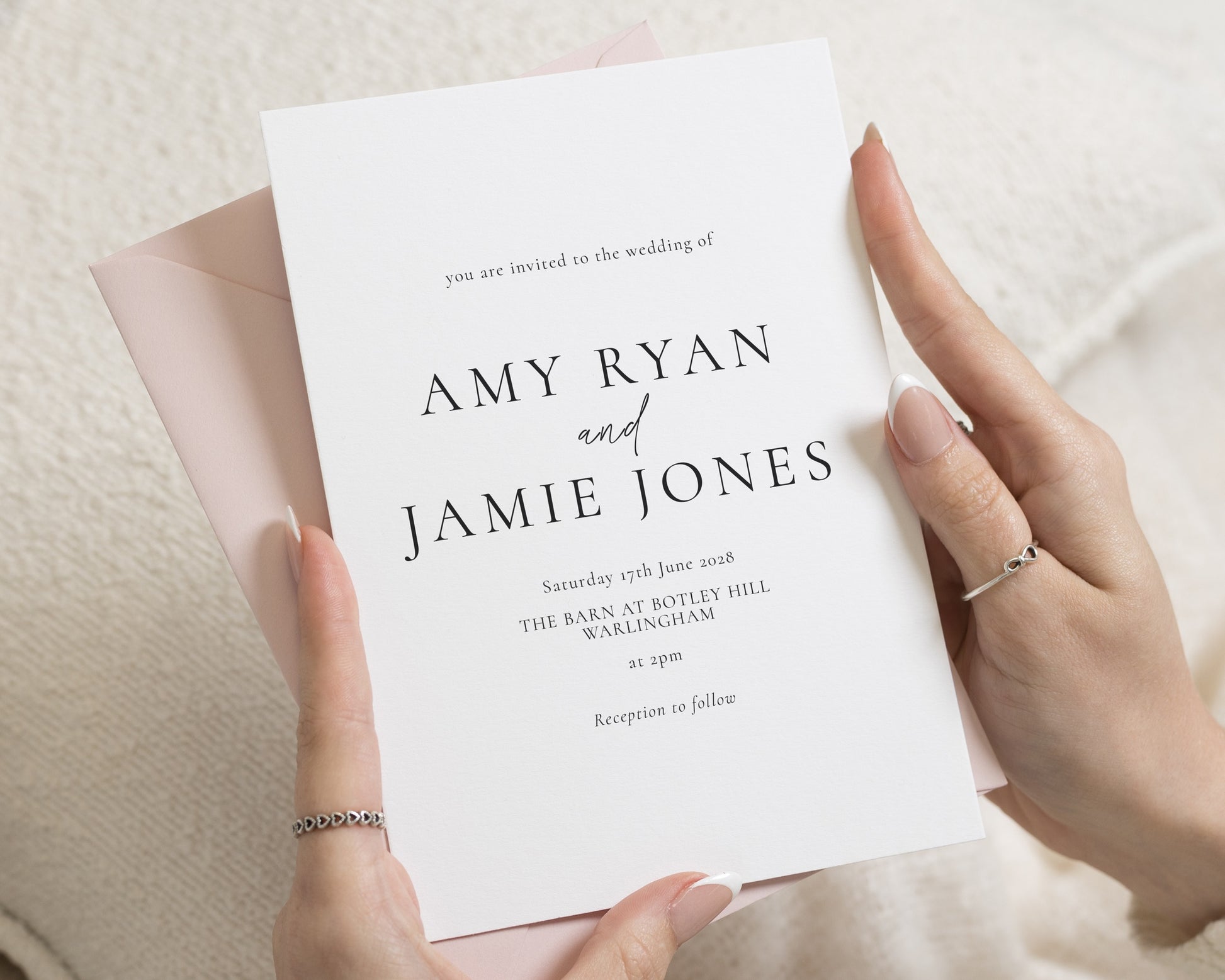 Minimalist Wedding Invitations, Simple Black and White Wedding Invite, Blush Pink Invitation Suite, Personalised Elegant Stationery