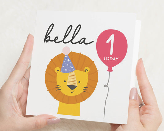 1st Birthday Card for Girl, Personalised Lion Birthday Card, Birthday Card for Daughter, Cute Animal Birthday Card, First Birthday Card