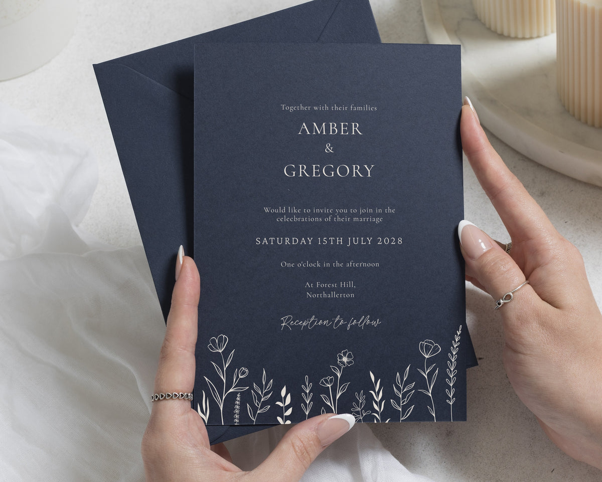 Navy Blue Wedding Invitations, Wildflower Wedding Invites, Elegant Botanical Wedding Stationery, Personalised Invitation Suite