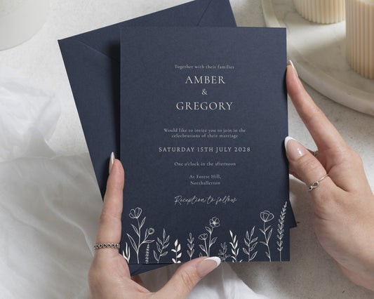 Navy Blue Wedding Invitations, Wildflower Wedding Invites, Elegant Botanical Wedding Stationery, Personalised Invitation Suite
