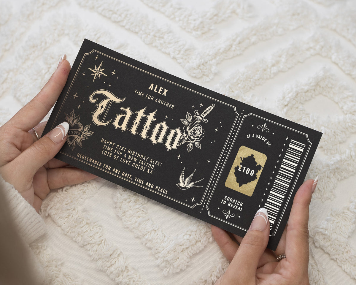 Personalised Tattoo Gift Voucher, Scratch To Reveal Birthday Gift, 21st Birthday Gift Voucher, Gift Experience for Him or Her