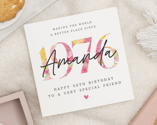 50th Birthday Card for Friend, Personalised 50th Birthday Card, Birthday Card for Her, Special Friend Birthday Card, Custom Name Card