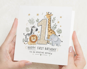 1st Birthday Card for Nephew, First Birthday Card for Boy, Safari Birthday Card, Jungle Animals Birthday Card, Age 1 Birthday Card