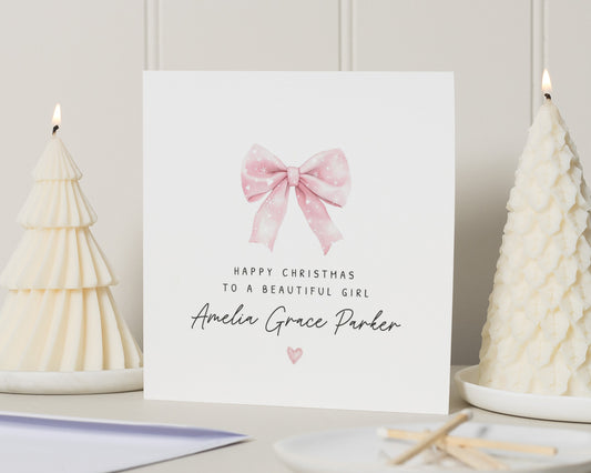 Christmas Card for Girl, Personalised Christmas Card, Christmas Card for Daughter, Cute Christmas Card, Pink Bow Christmas Card