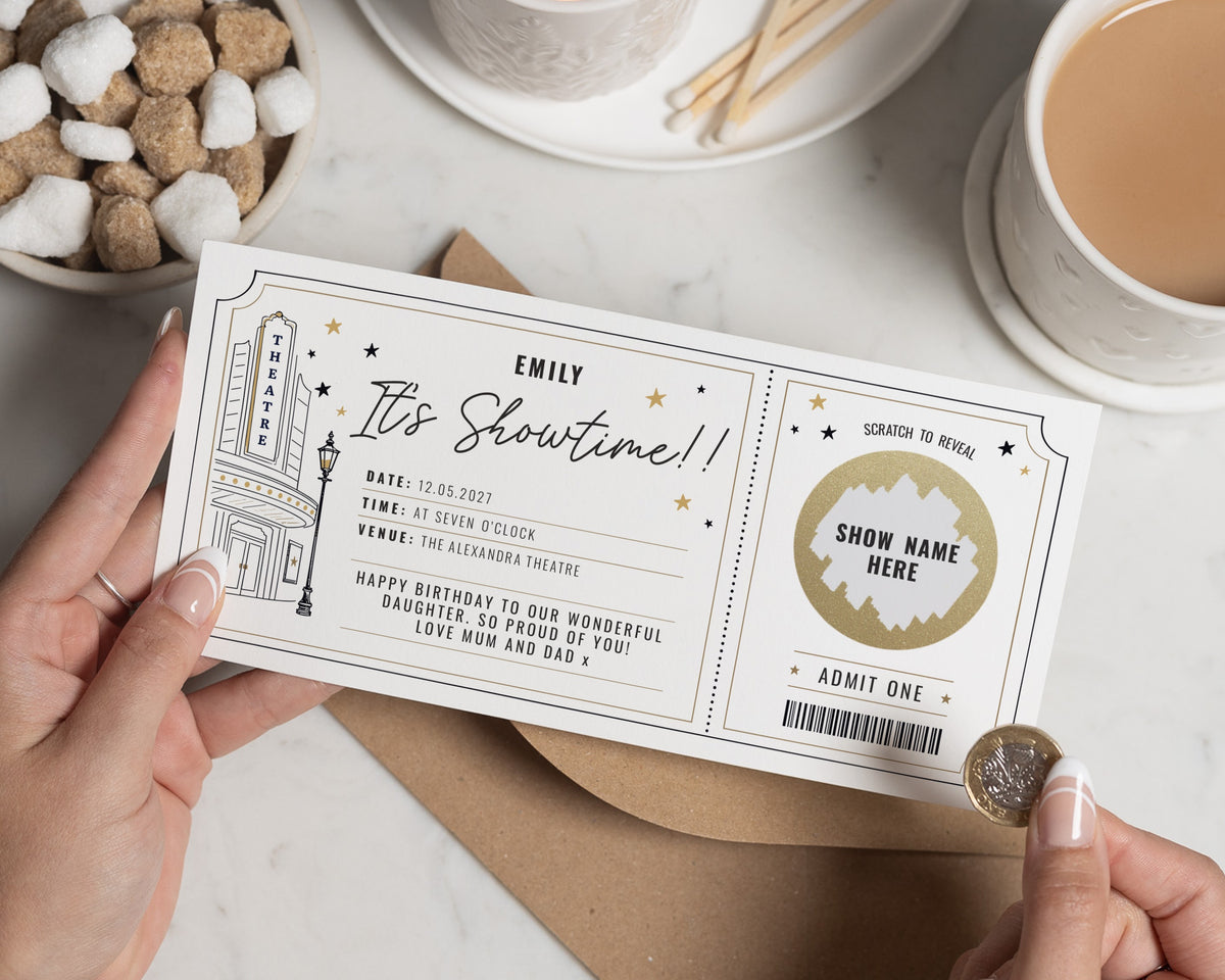 Personalised Theatre Ticket Gift Voucher, Scratch to Reveal Birthday Gift, Show Ticket Voucher, Birthday Gift Voucher for Daughter