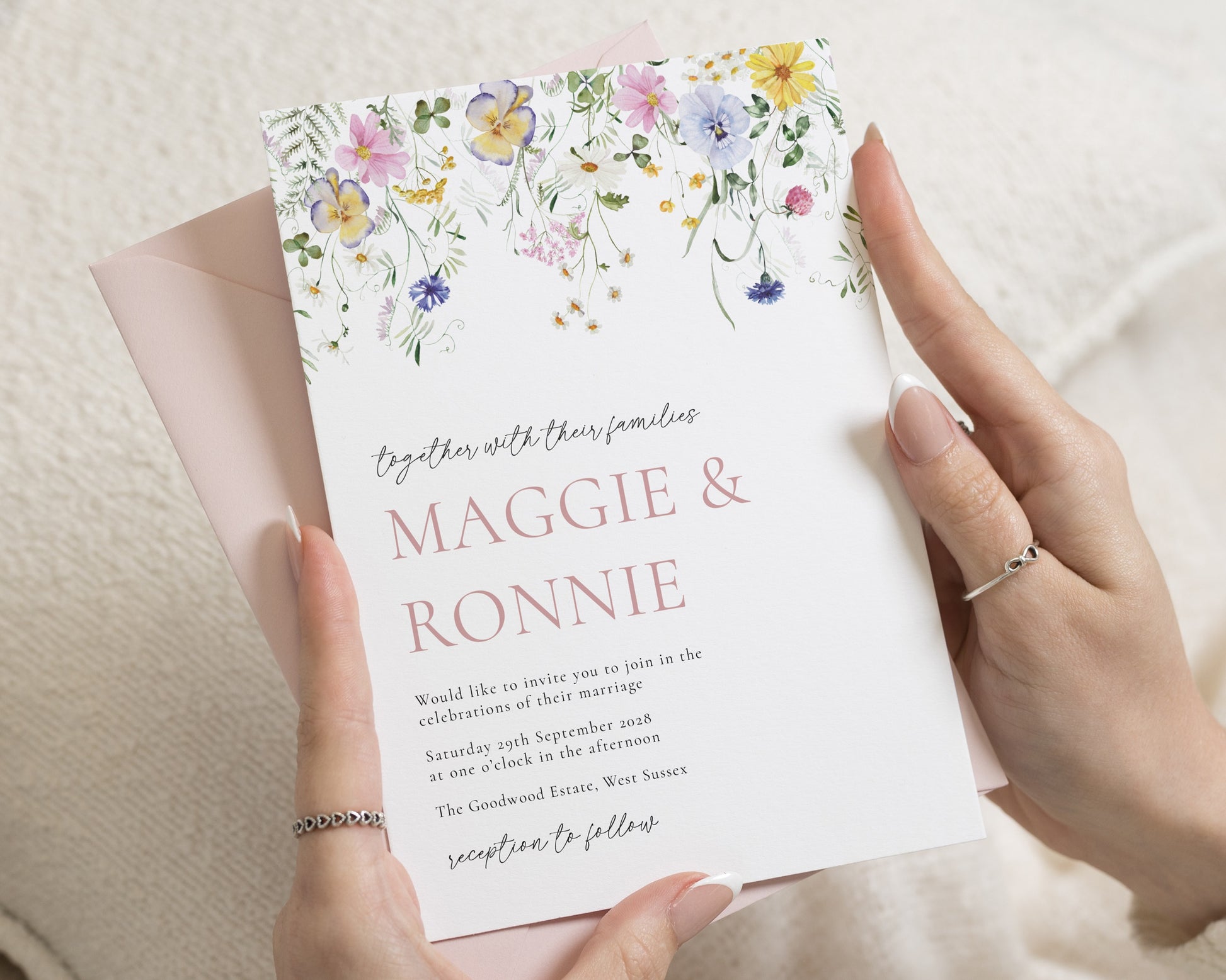 Wildflower Wedding Invitations, Floral Wedding Invite, Botanical Garden Wedding Stationery, Blush Pink Personalised Invitation Suite