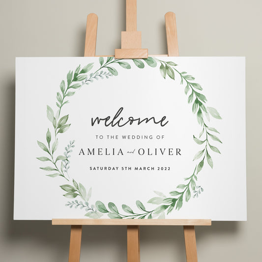 Wedding Welcome Sign, A1 Wedding Sign, Botanical Wedding Signage, Personalised Greenery Welcome Sign, Minimalist Wedding Design &#39;Amelia&#39;