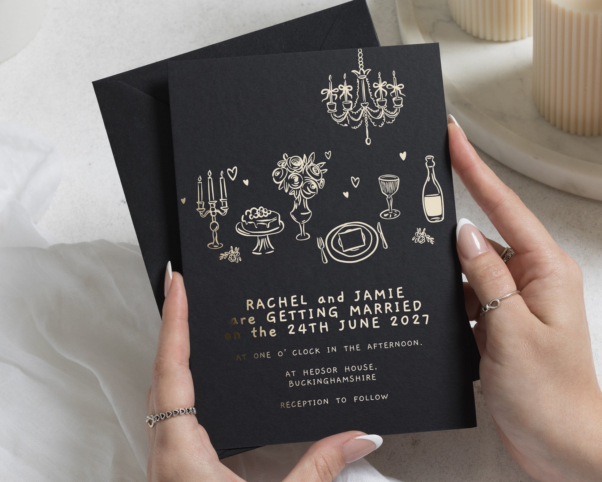 Gold Foil Wedding Invitations, Black Wedding Invites, Illustrated Celebration Wedding Invitation, Personalised Modern Invite