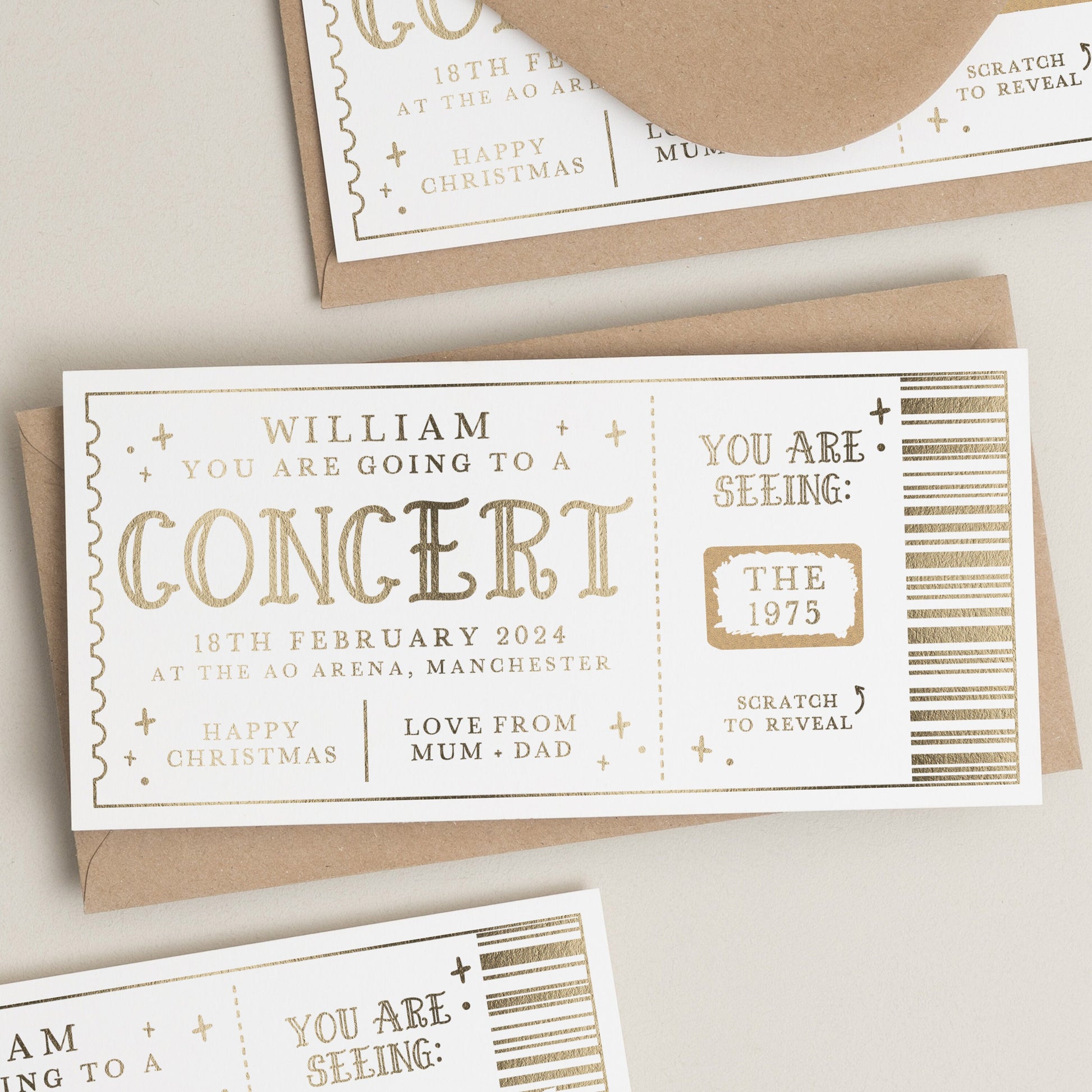 Personalised Gold Foil Scratch Gift Voucher, The 1975 Gig Ticket Foil Gift Voucher, Scratch Reveal Gift, Scratch To Reveal, Gig Ticket