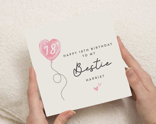 18th Birthday Card for Her, Personalised 18th Birthday Card, Birthday Card for Best Friend, Bestie Birthday Card, Pink Balloon Card