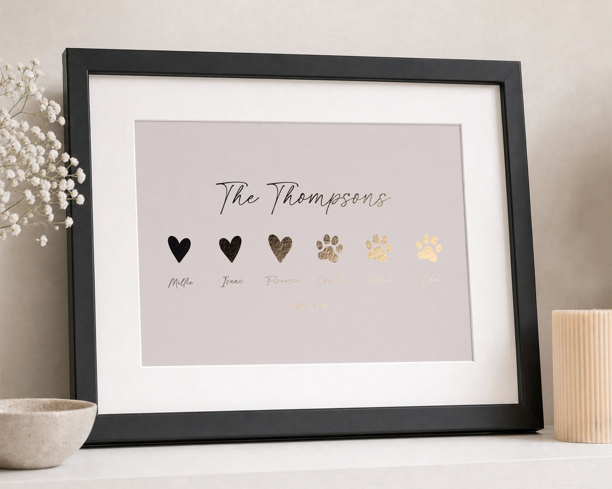 Personalised Gold Foil Family Print, Blush Pink Wall Art, Family Name Print with Pets, Gift for Family, New Home Gift