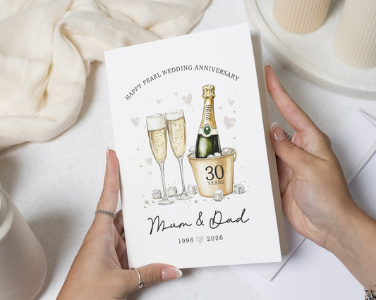 30th Anniversary Card, Pearl Wedding Anniversary Card, Personalised Anniversary Card for Mum and Dad, Parents Anniversary Card, Champagne