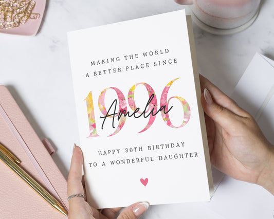 30th Birthday Card for Daughter, Personalised Birthday Card for Her, Daughter Birthday Card, Floral Birthday Cards, Custom Birthday Card