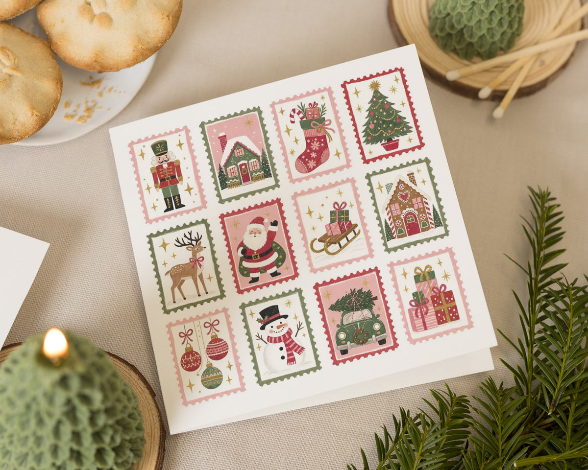 Christmas Card, Christmas Cards, Cute Christmas Card, Illustrated Christmas Card, Santa Card, Festive Card, Xmas Card, Vintage Stamp Card