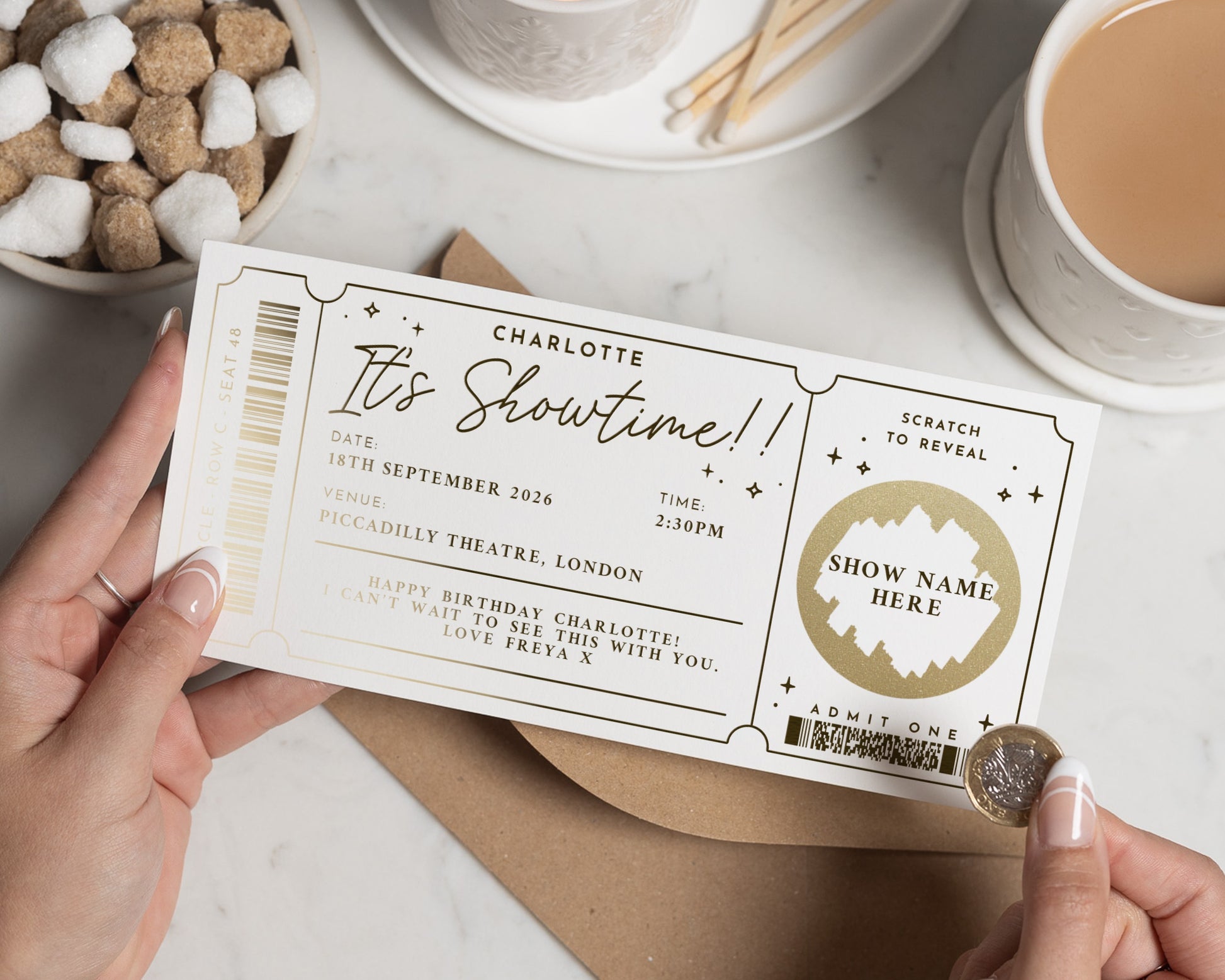 Personalised Theatre Ticket Gift, Scratch To Reveal Show, Birthday Gift For Her, Gold Foil Gift Voucher, Custom Theatre Experience