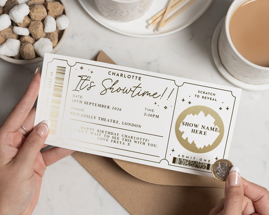 Personalised Theatre Ticket Gift, Scratch To Reveal Show, Birthday Gift For Her, Gold Foil Gift Voucher, Custom Theatre Experience