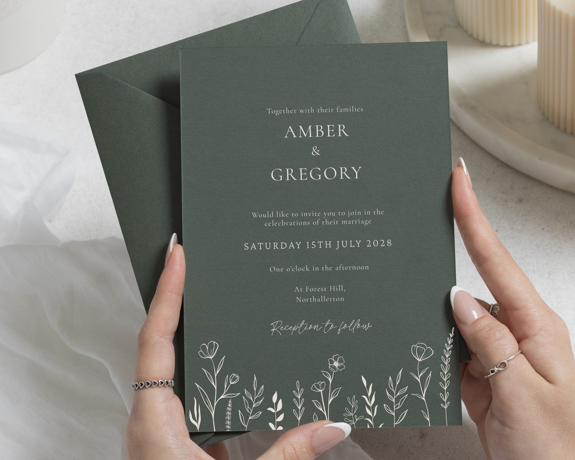 Olive Green Wedding Invitations, Botanical Wedding Invites, Wildflower Garden Wedding Stationery, Personalised Wedding Invites