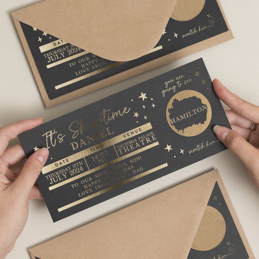 Personalised Theatre Gift Voucher, Hamilton Theatre Scratch Gift Voucher, Musical Ticket Gold Foil Gift Voucher, Scratch To Reveal Gift Card