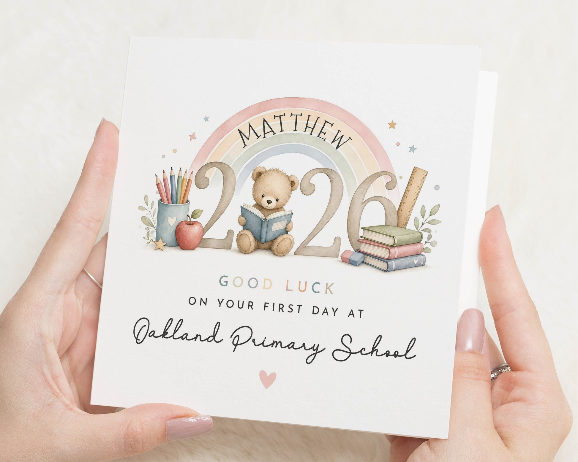 First Day at School Card, Good Luck Card for Child, Personalised School Card, Starting School Card, Back to School Card, Rainbow Bear Card