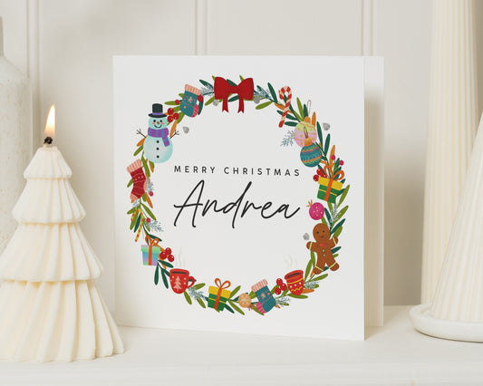 Personalised Christmas Card, Merry Christmas Card, Christmas Card for Her, Christmas Card for Friend, Cute Christmas Wreath Card