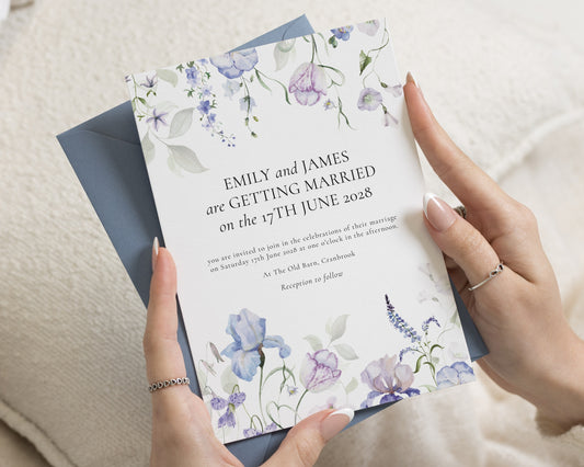 Blue Wildflower Wedding Invitations, Watercolour Floral Wedding Invite, Botanical Garden Invitation Suite, Personalised Wedding Stationery